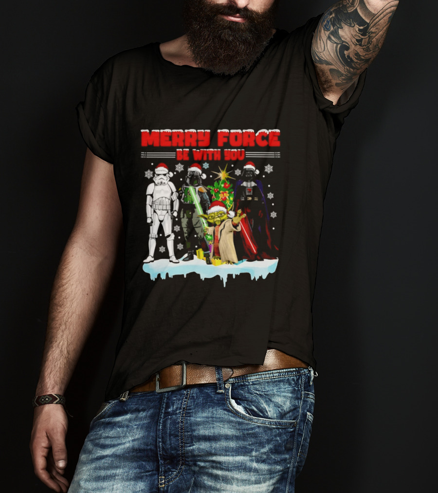 Star Wars Merry Force Be With You Christmas Characters Stormtrooper Yoda Darth Vader Santa Hats T-Shirt