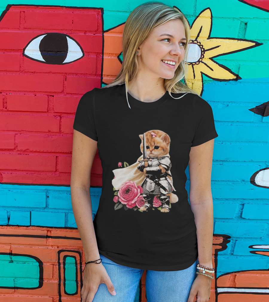 Knight Cat Holding Sword With Roses T-Shirt