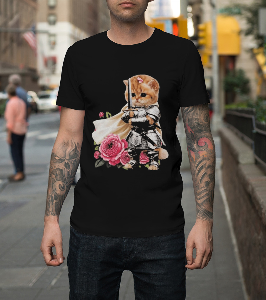 Knight Cat Holding Sword With Roses T-Shirt