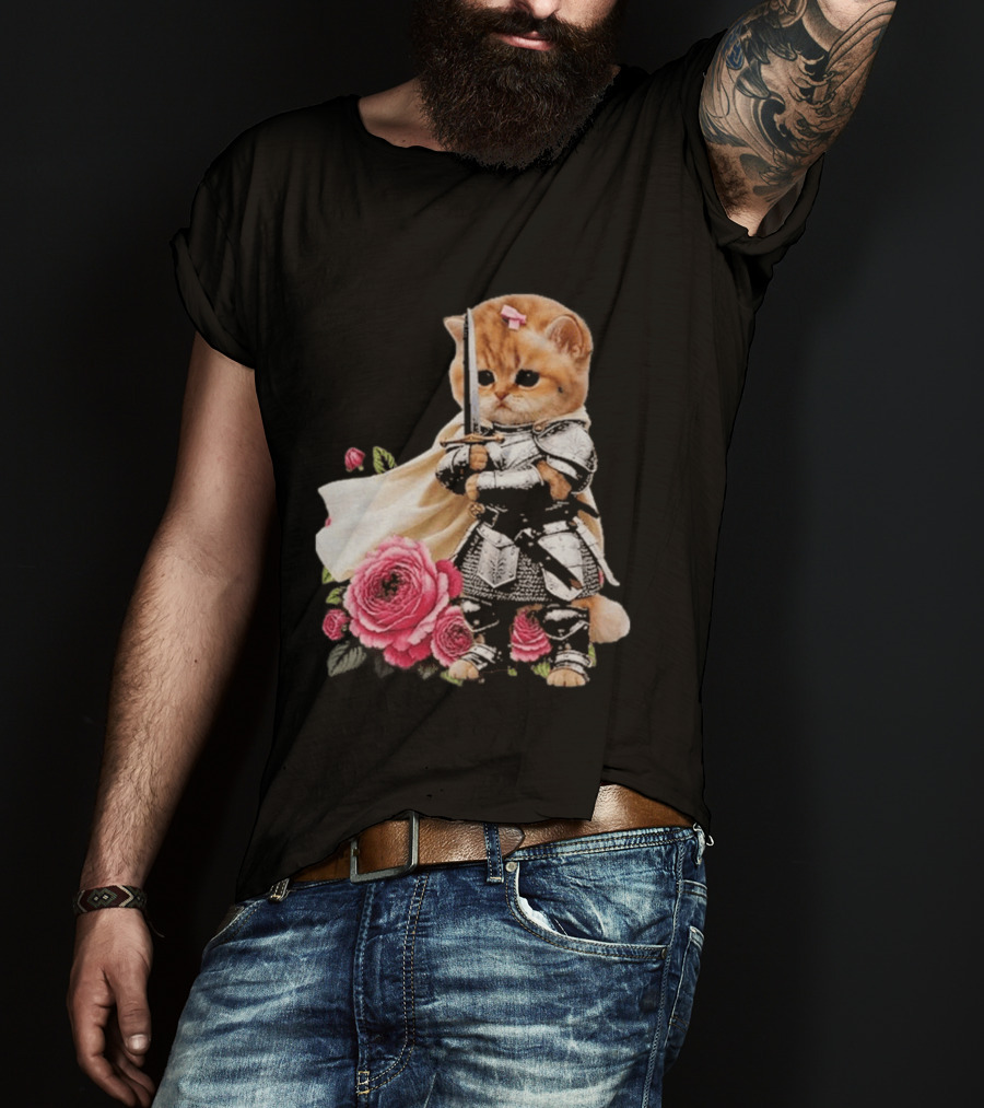 Knight Cat Holding Sword With Roses T-Shirt