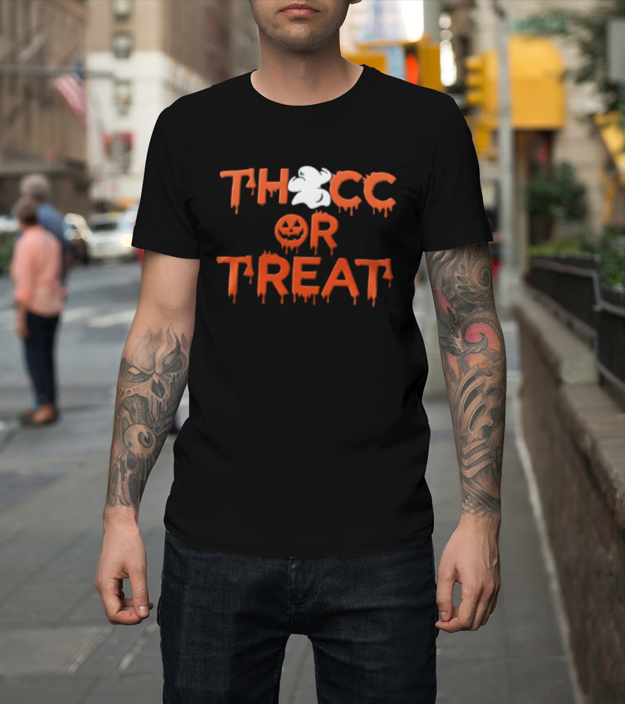 Thocc Or Treat Ghost Jack O Lantern Dripping Font Halloween T-Shirt