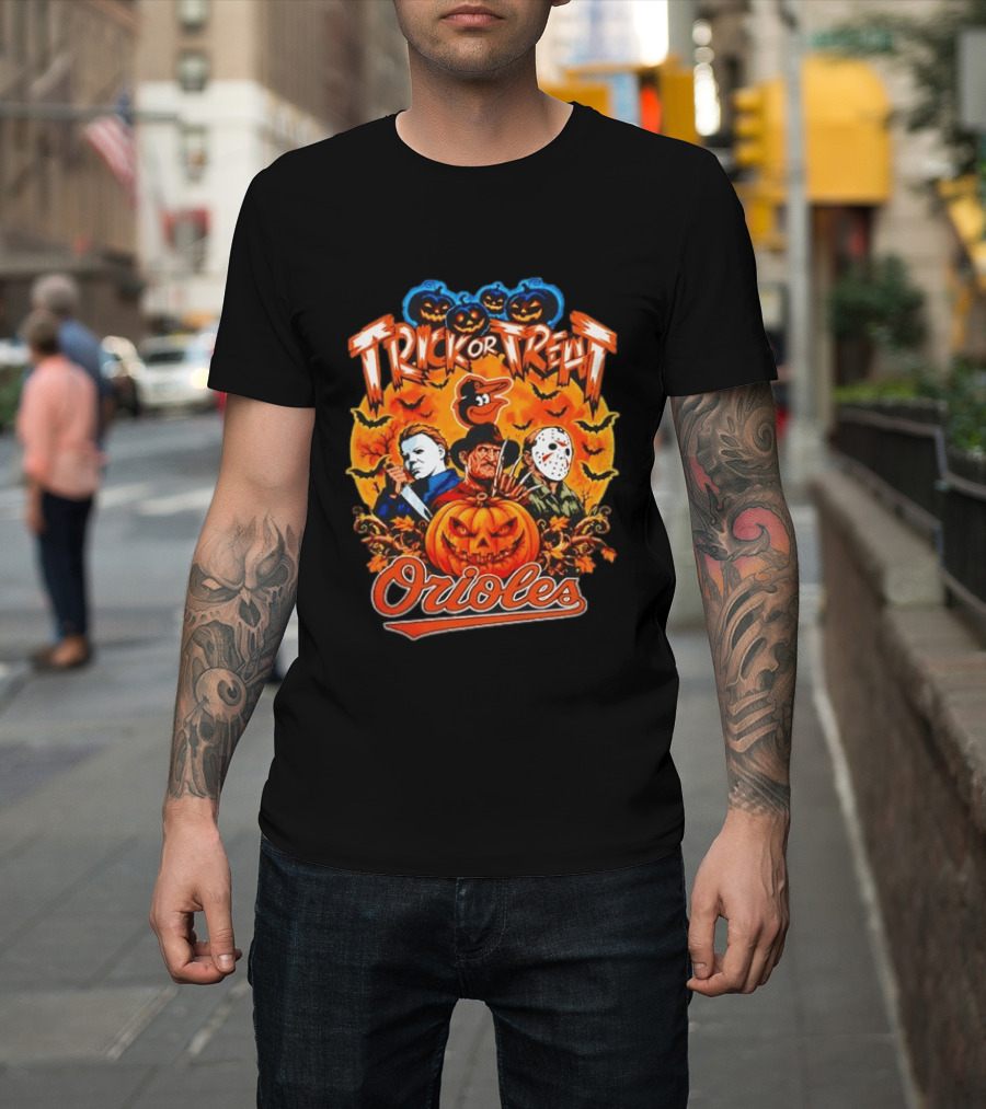 Trick Or Treat Orioles Horror Movie Characters Halloween T-Shirt