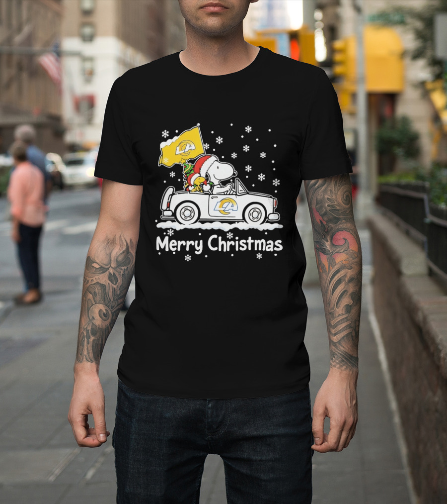 Los Angeles Rams Snoopy Woodstock Merry Christmas Car Holiday T-Shirt