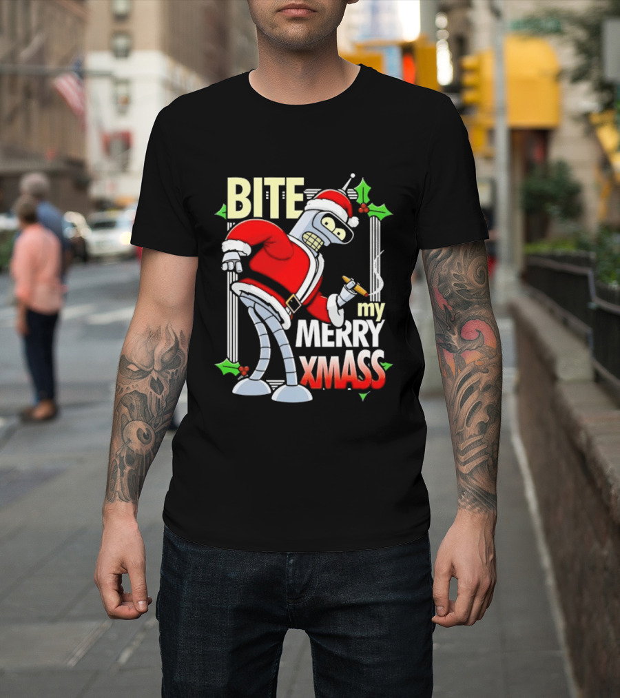 Bender Bite My Merry Xmass Futurama Santa Cigarette Hollys T-Shirt
