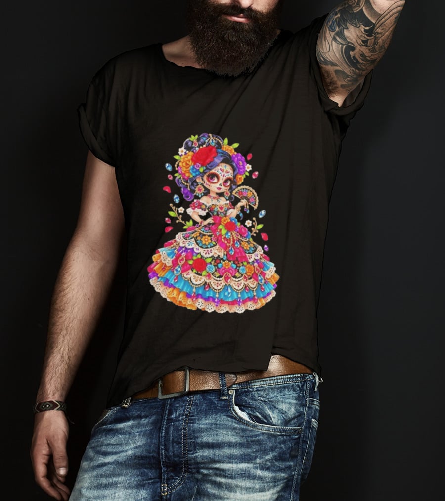 Day Of The Dead Catrina Girl Floral Dress Colorful Sugar Skull T-Shirt