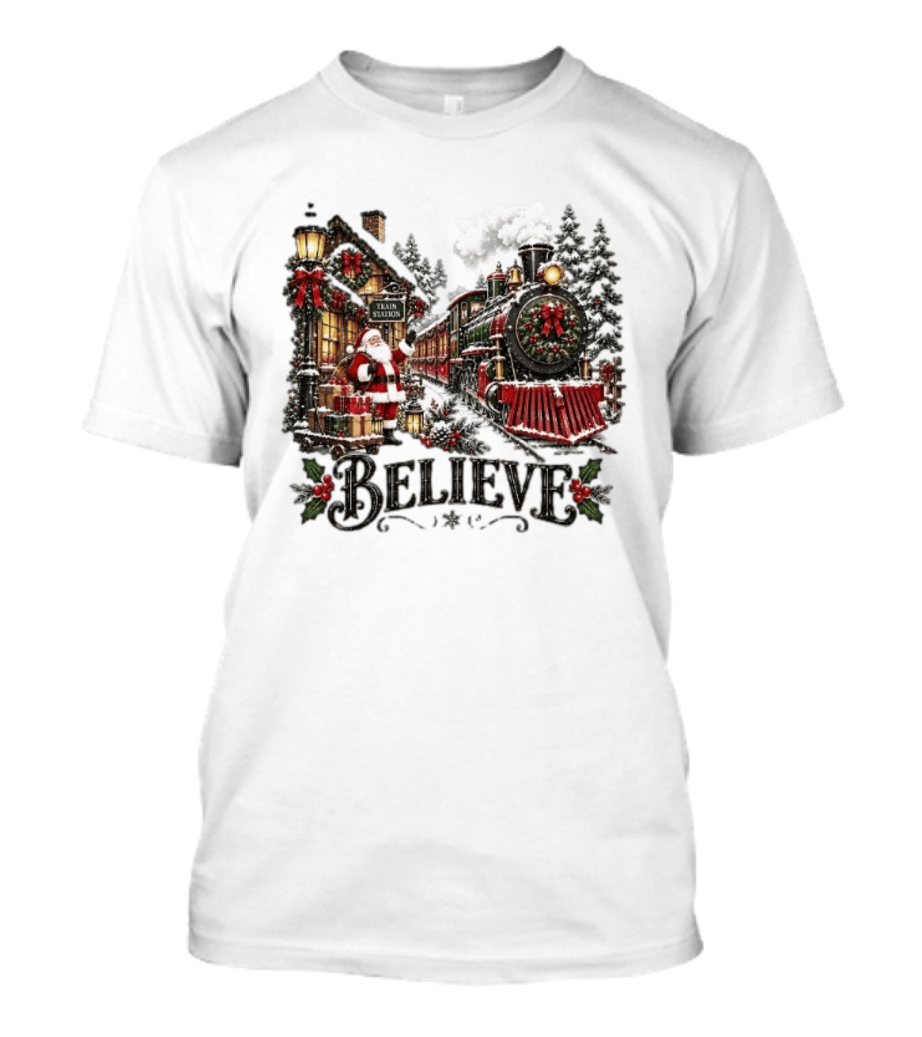 Believe Santa Claus At The Christmas Train Station With Snowy Locomotive Ornaments T-Shirt