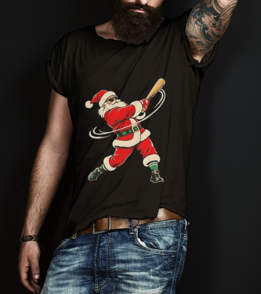 Santa Claus Baseball Bat Christmas Sports Holiday Fun T-Shirt