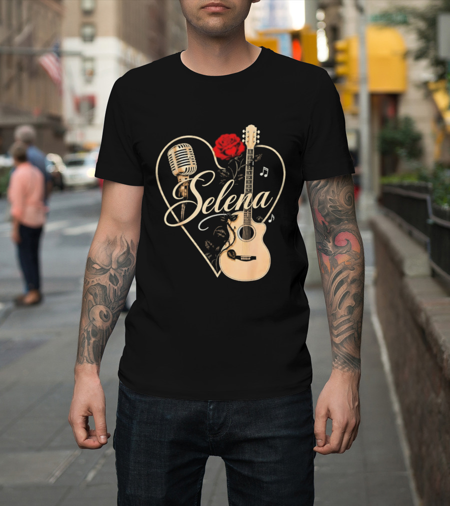 Selena Heart With Rose Microphone Guitar Music Notes T-Shirt
