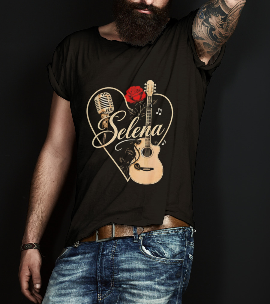 Selena Heart With Rose Microphone Guitar Music Notes T-Shirt