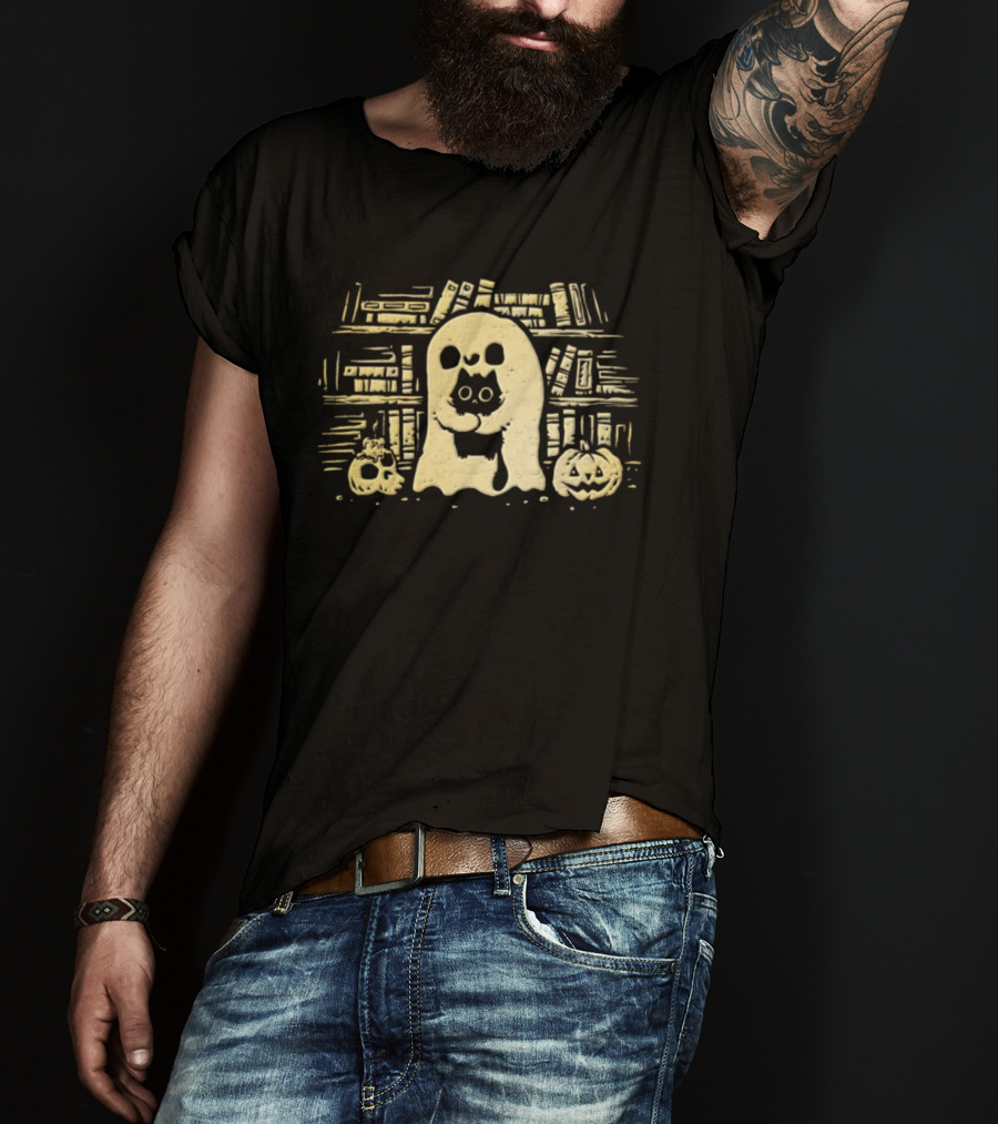 Ghostly Hugs Black Cat Embrace With Pumpkin And Skull In Library T-Shirt