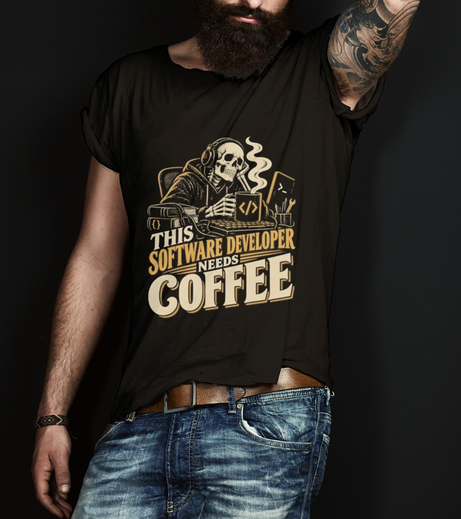 This Software Developer Needs Coffee Coding Skeleton T-Shirt