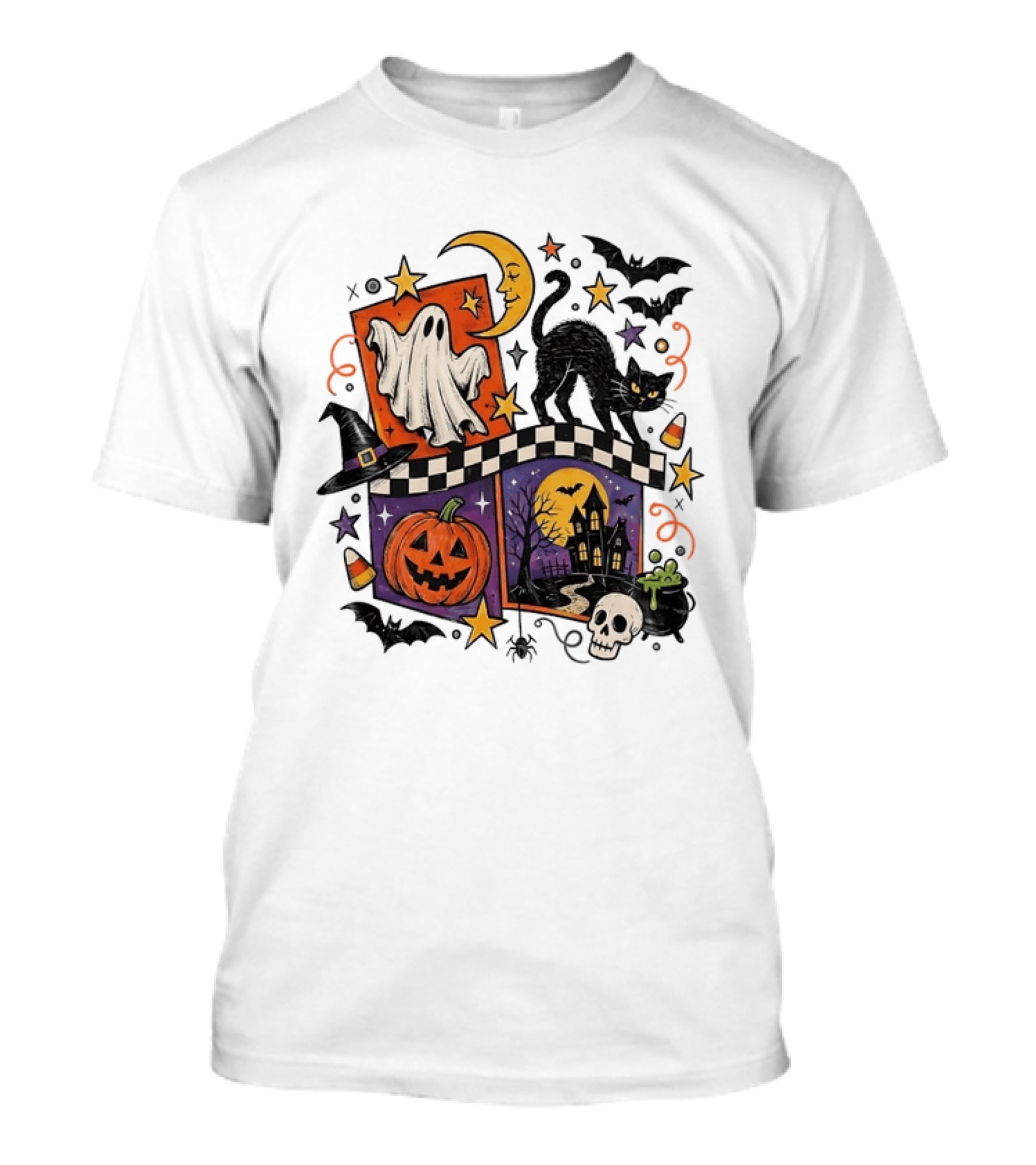 Halloween Ghost Cat Moon Pumpkin Witch Hat Skull Scene T-Shirt