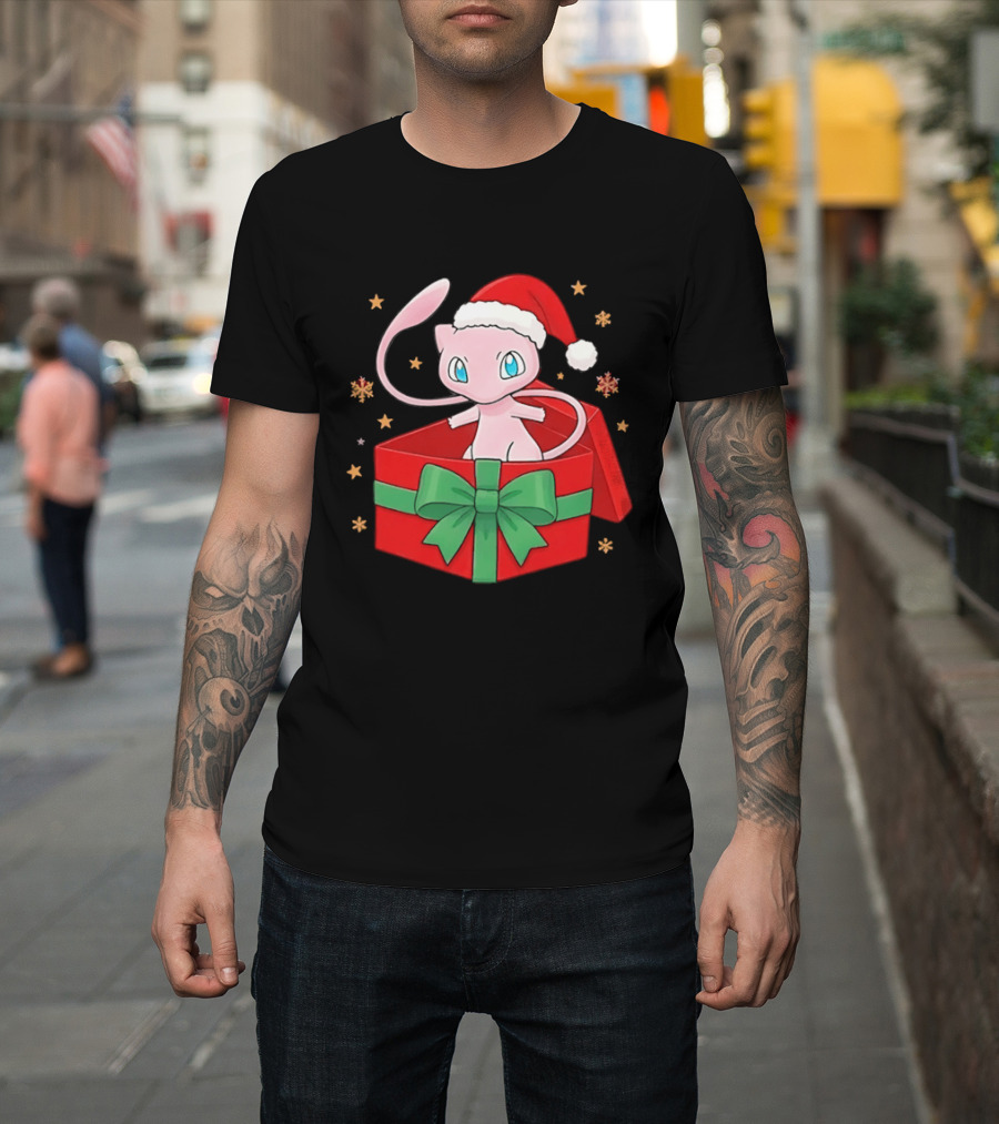 Mew Christmas Gift Box Pokemon Holiday Santa Hat Festive T-Shirt