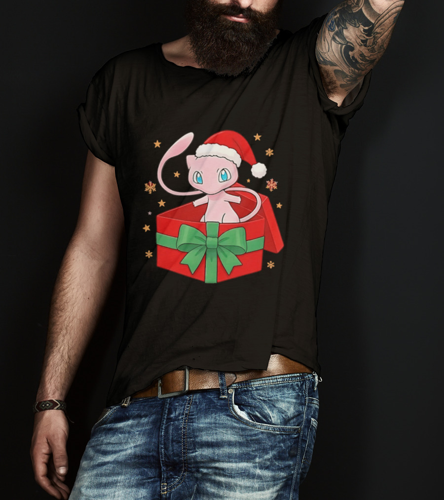 Mew Christmas Gift Box Pokemon Holiday Santa Hat Festive T-Shirt