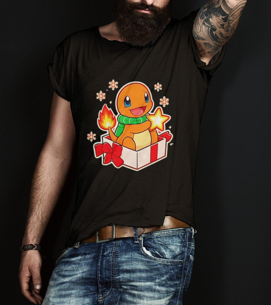Charmander Holding Star In Christmas Gift Box With Snowflakes And Green Scarf T-Shirt