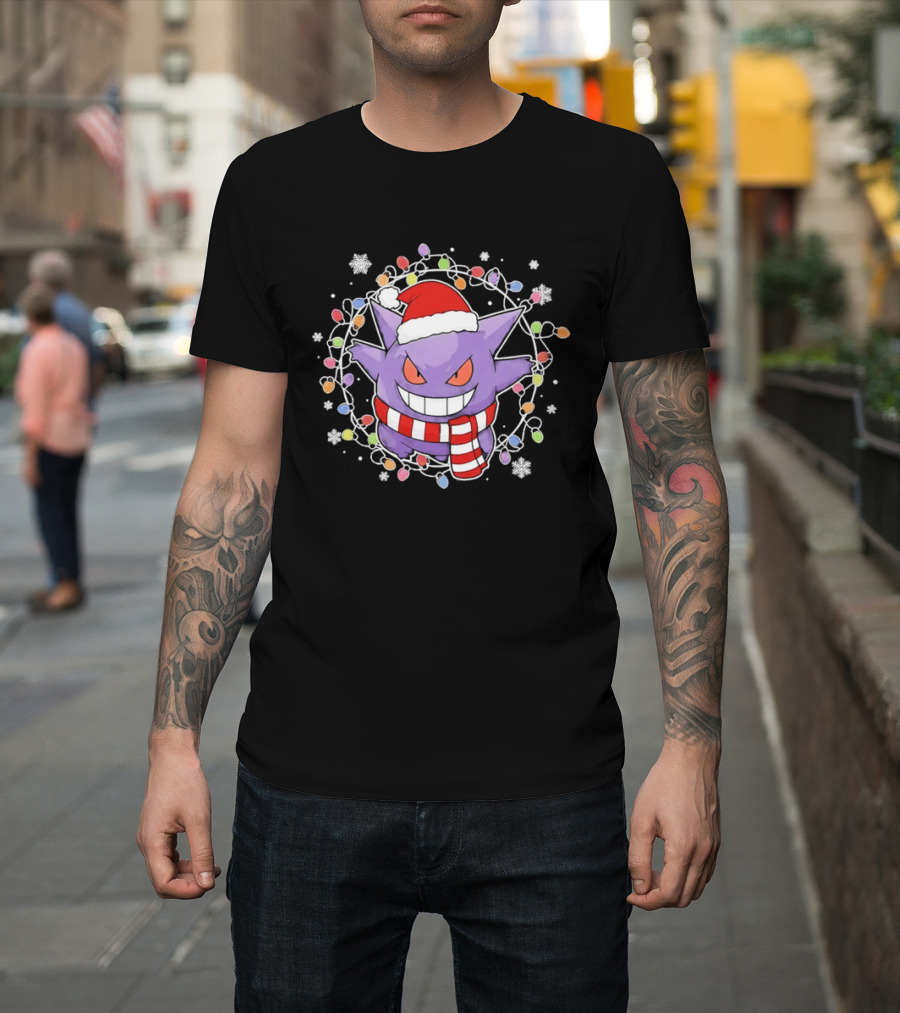 Gengar Christmas Lights Holiday Festive Santa Hat And Scarf T-Shirt