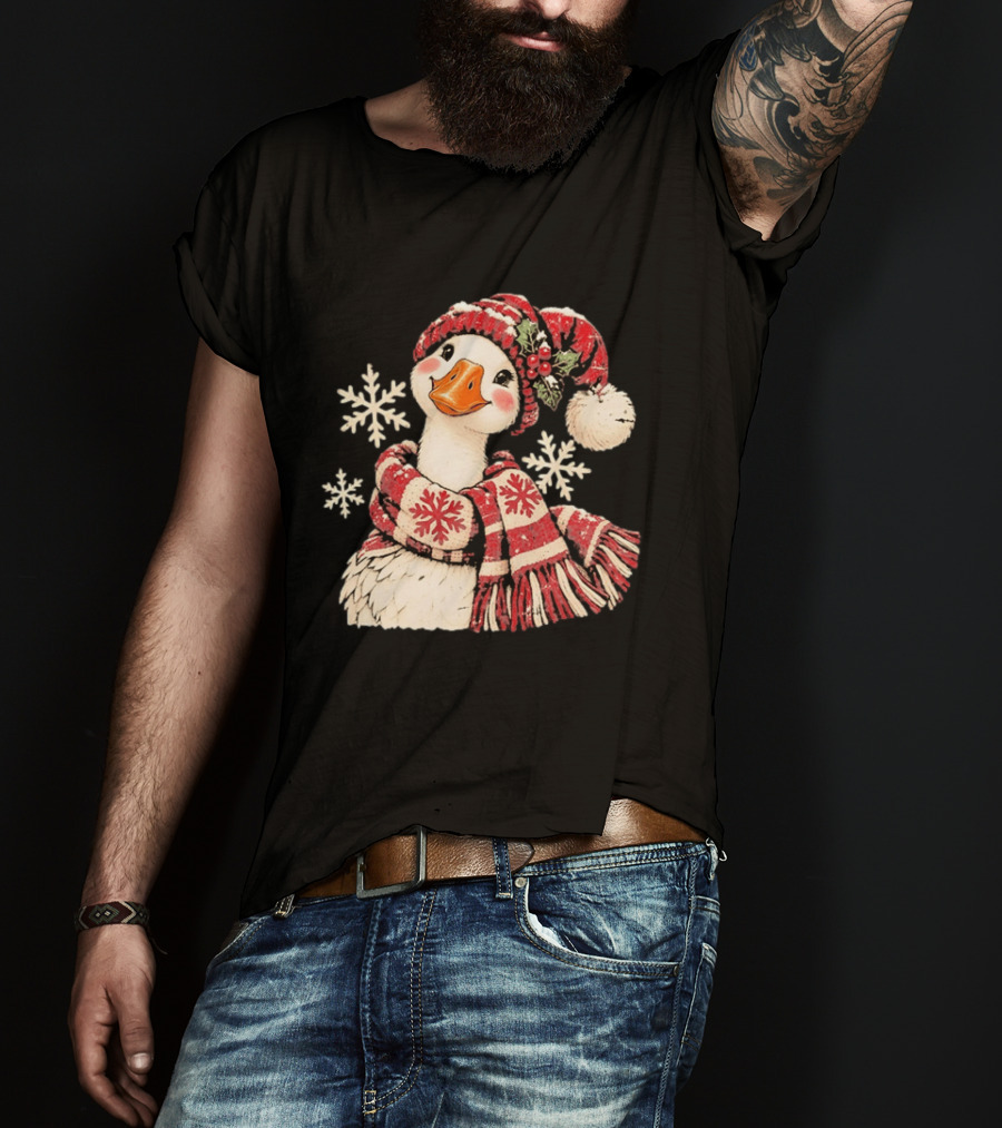Goose With Red Scarf And Hat In Snowflake Winter Scene T-Shirt