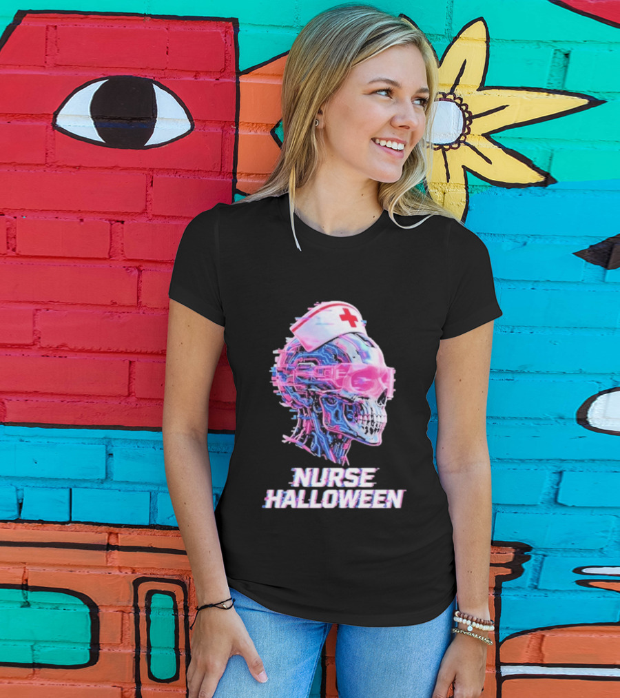 Nurse Halloween Cybernetic Skull Glitch Futuristic Nurse Cap And Neon Skull T-Shirt