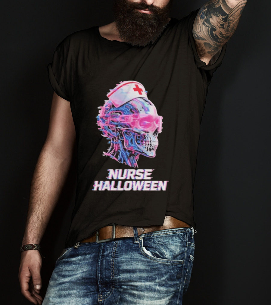 Nurse Halloween Cybernetic Skull Glitch Futuristic Nurse Cap And Neon Skull T-Shirt