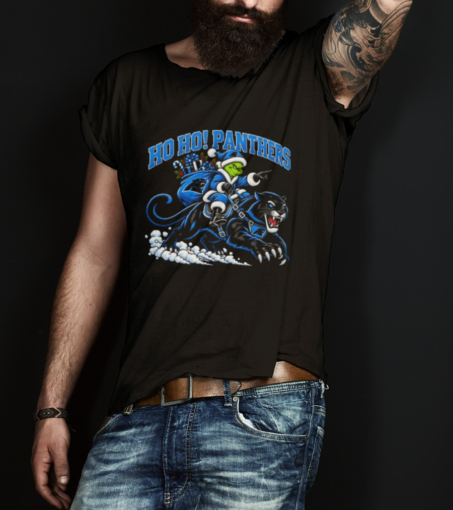 Ho Ho Panthers Grinch Christmas Football Riding Panther T-Shirt