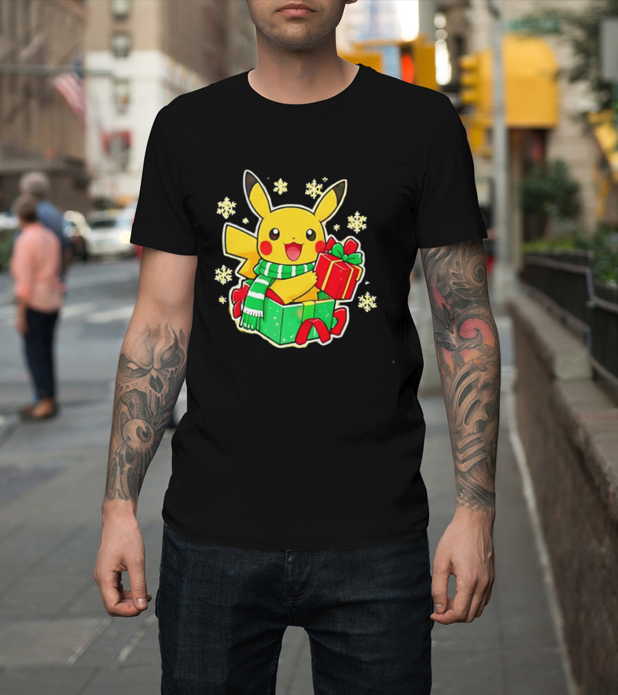 Pikachu Christmas Scarf With Gift Box Pokemon Holiday T-Shirt