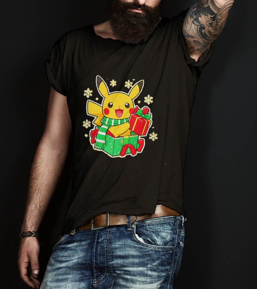 Pikachu Christmas Scarf With Gift Box Pokemon Holiday T-Shirt