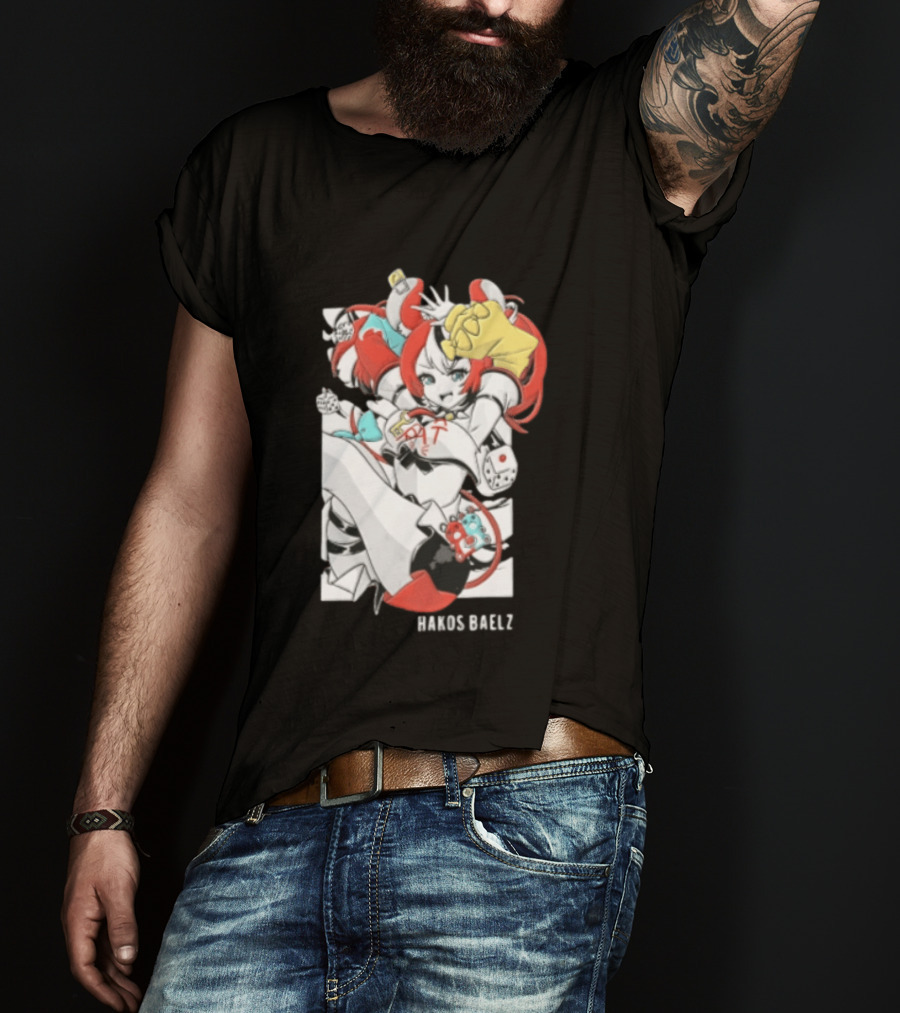 Hololive Hakos Baelz Anime Girl Red Hair Dice Playful Jumping T-Shirt