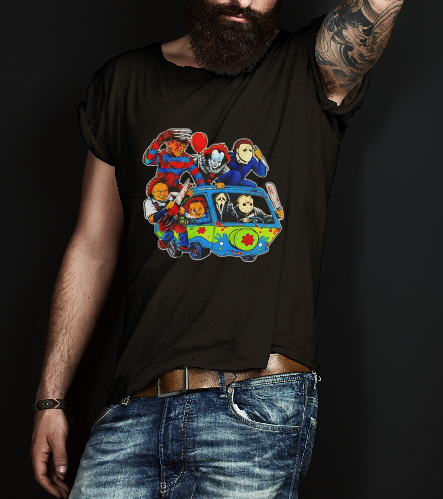 Horror Movie Icons Ride In Mystery Machine Van With Murderous Villains T-Shirt