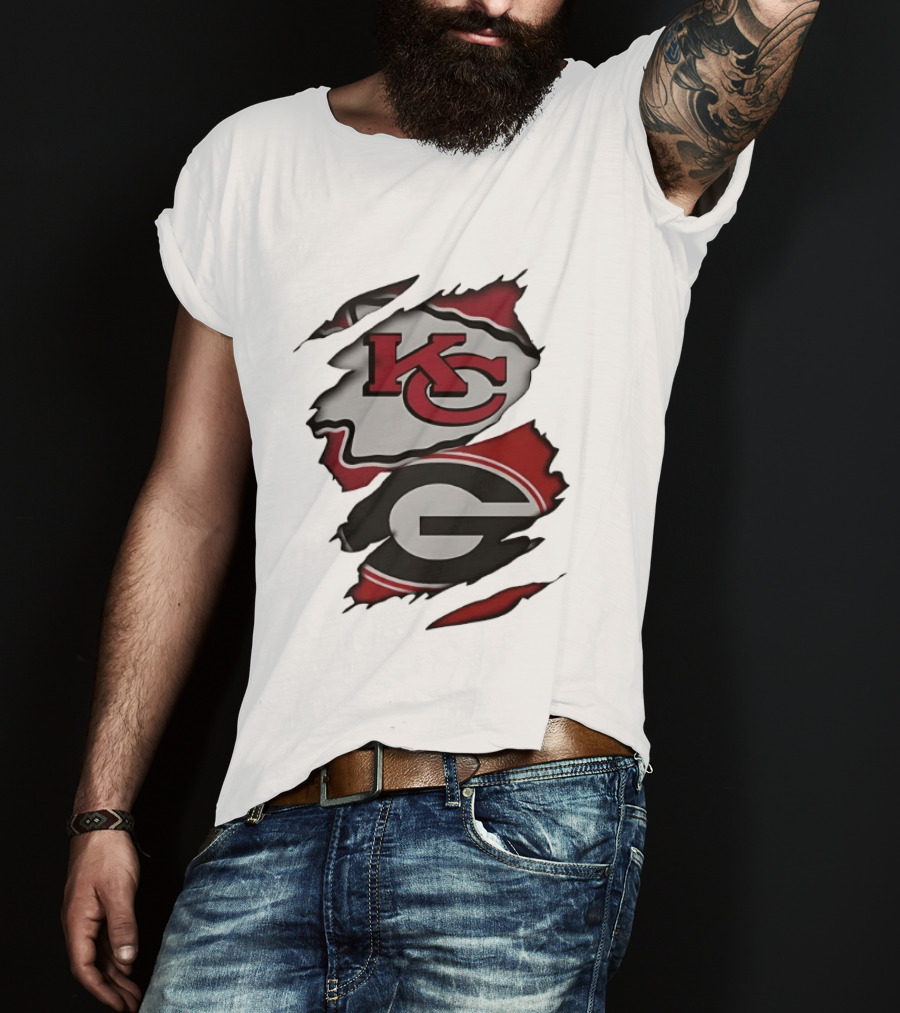 Kansas City Chiefs KC And Georgia Bulldogs G Torn Fabric T-Shirt