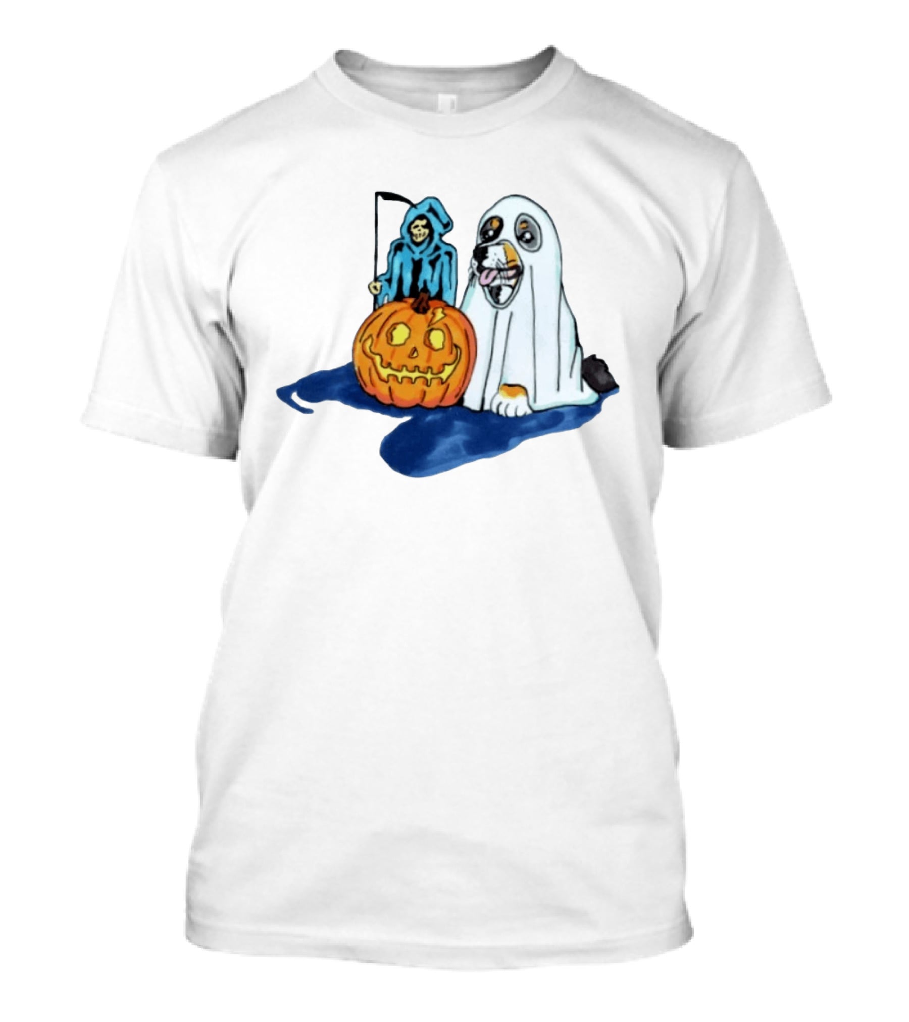 Trick Or Treat Dog Ghost Costume With Grim Reaper And Pumpkin T-Shirt