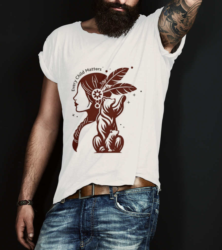 Every Child Matters Indigenous Woman Profile With Bear And Feathers T-Shirt