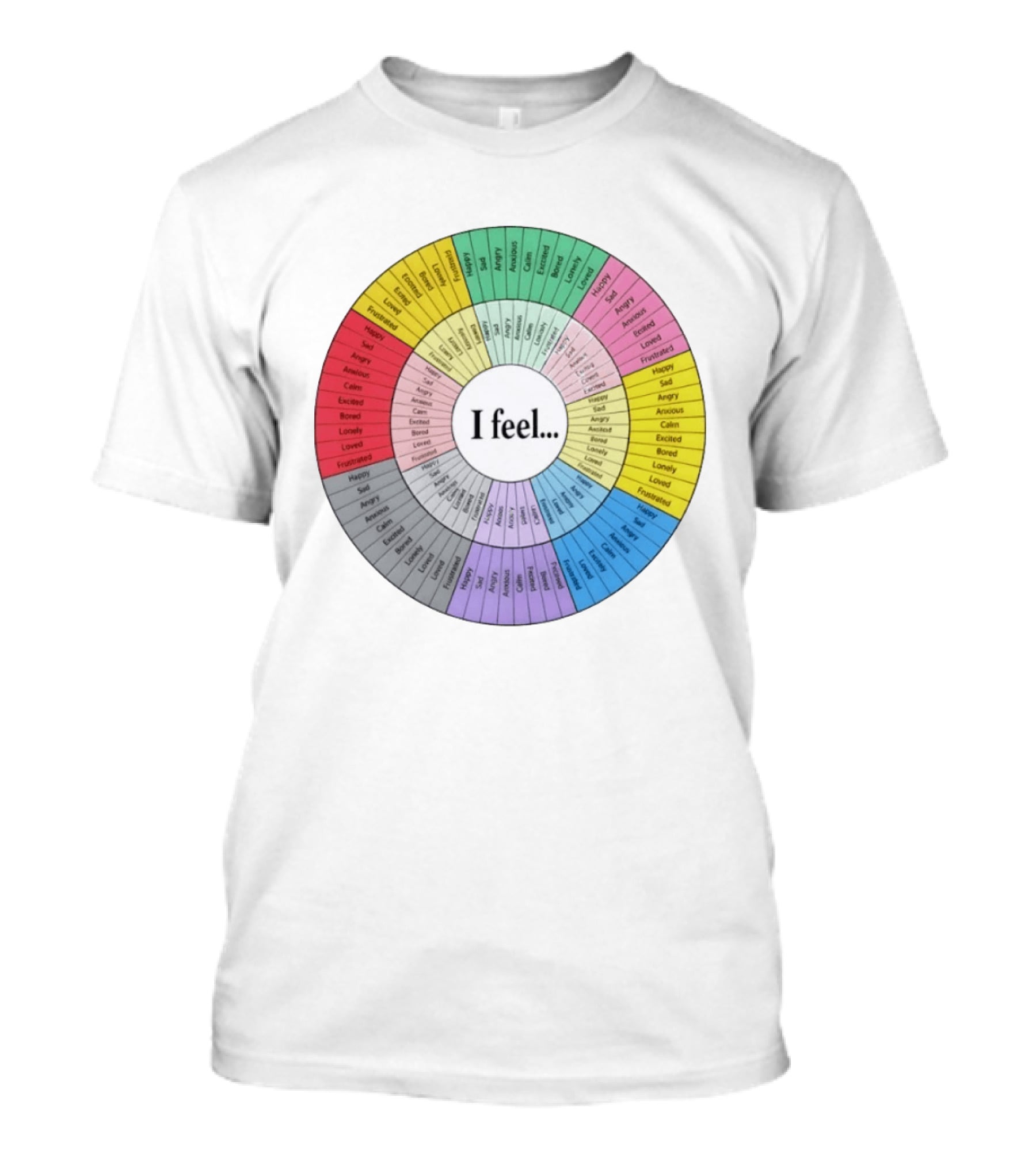 I Feel Emotion Wheel Chart Mental Health Happy Sad Angry Calm Anxious Excited Bored Loved Lonely Frustrated T-Shirt