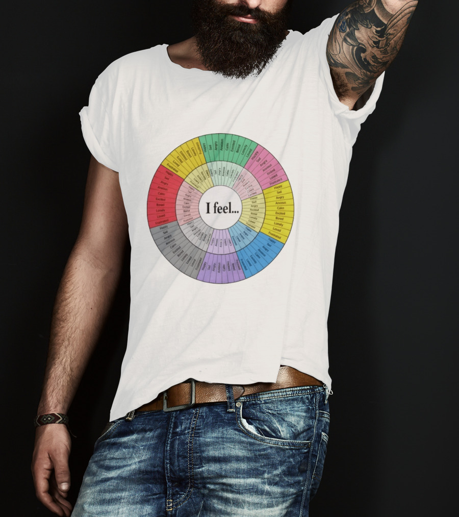 I Feel Emotion Wheel Chart Mental Health Happy Sad Angry Calm Anxious Excited Bored Loved Lonely Frustrated T-Shirt