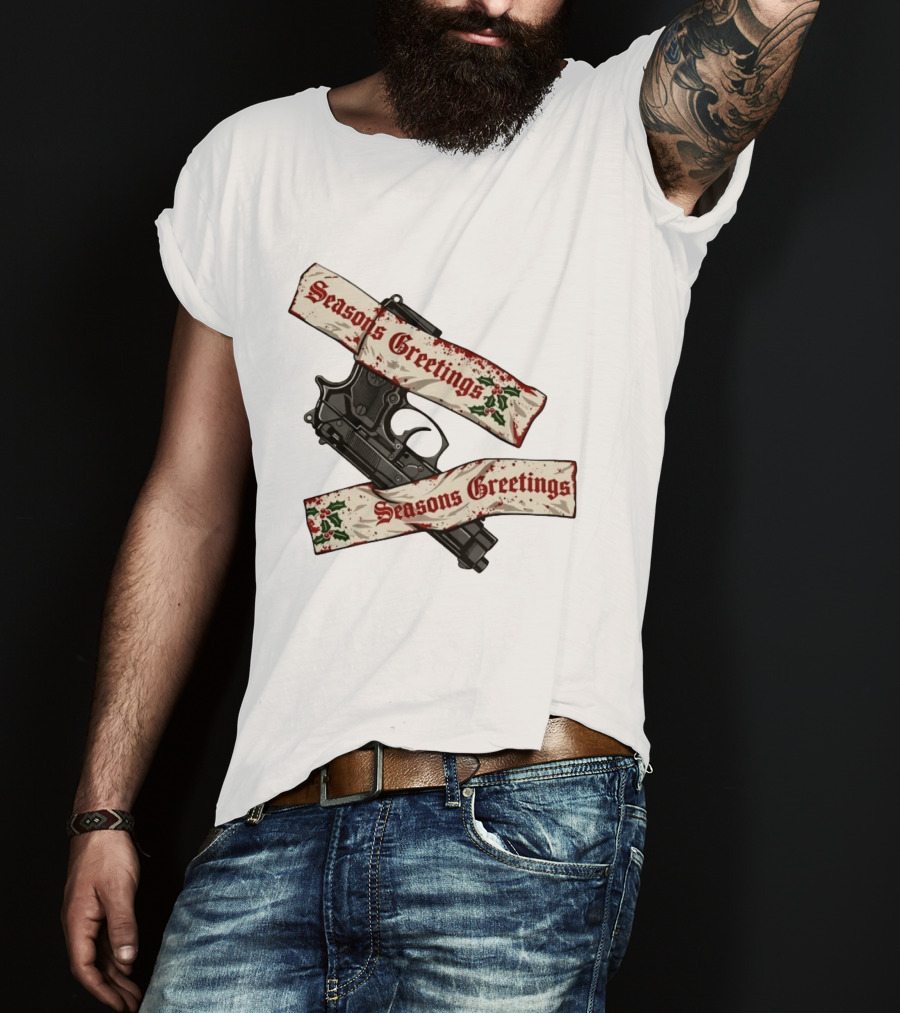 Seasons Greetings Handgun Holiday Pistol Merry Christmas T-Shirt