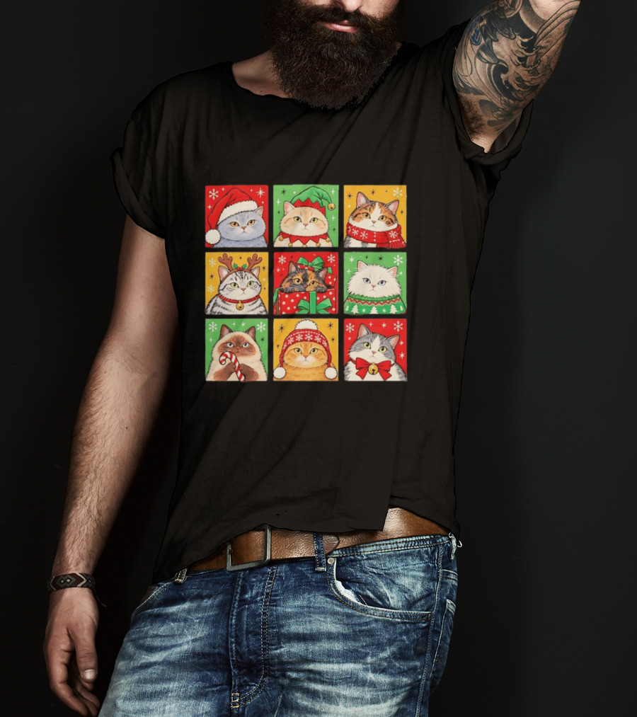 Cats In Christmas Costumes Festive Holiday Kittens Santa Hats And Gifts T-Shirt