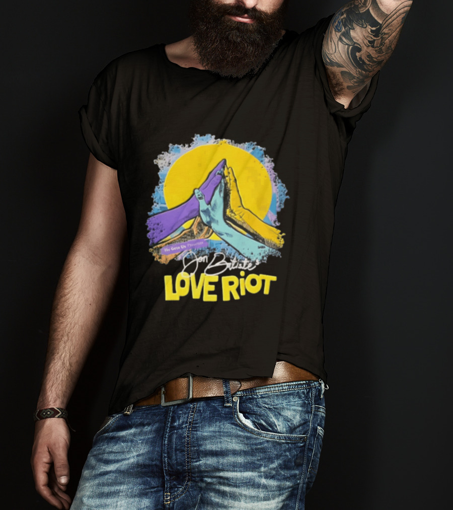 Jon Batiste He Gets Us Presents Love Riot Three Hands High Five Yellow Sun T-Shirt