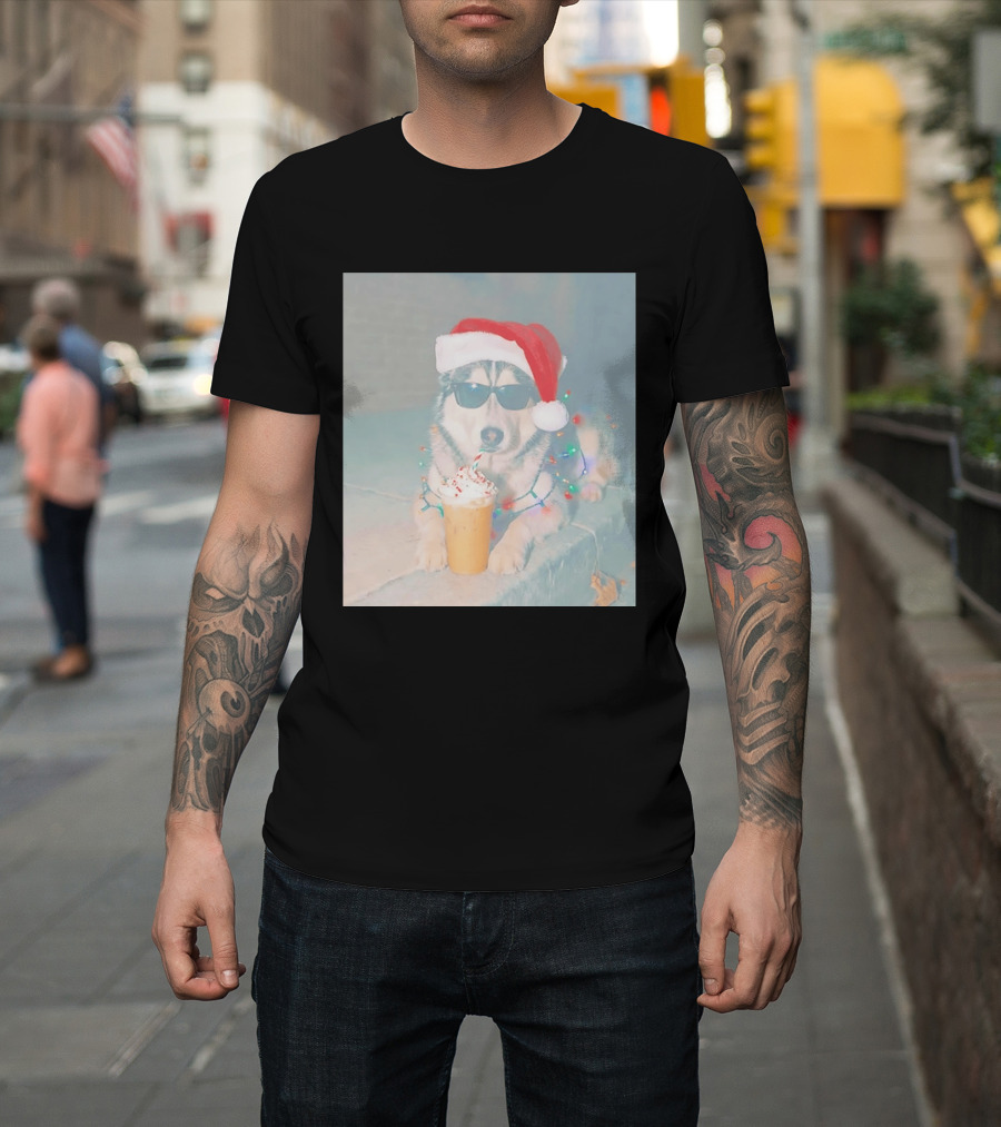 Husky Dog Santa Hat Sunglasses Christmas Lights And Holiday Drink T-Shirt