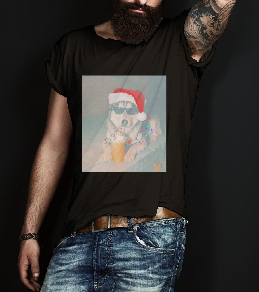 Husky Dog Santa Hat Sunglasses Christmas Lights And Holiday Drink T-Shirt