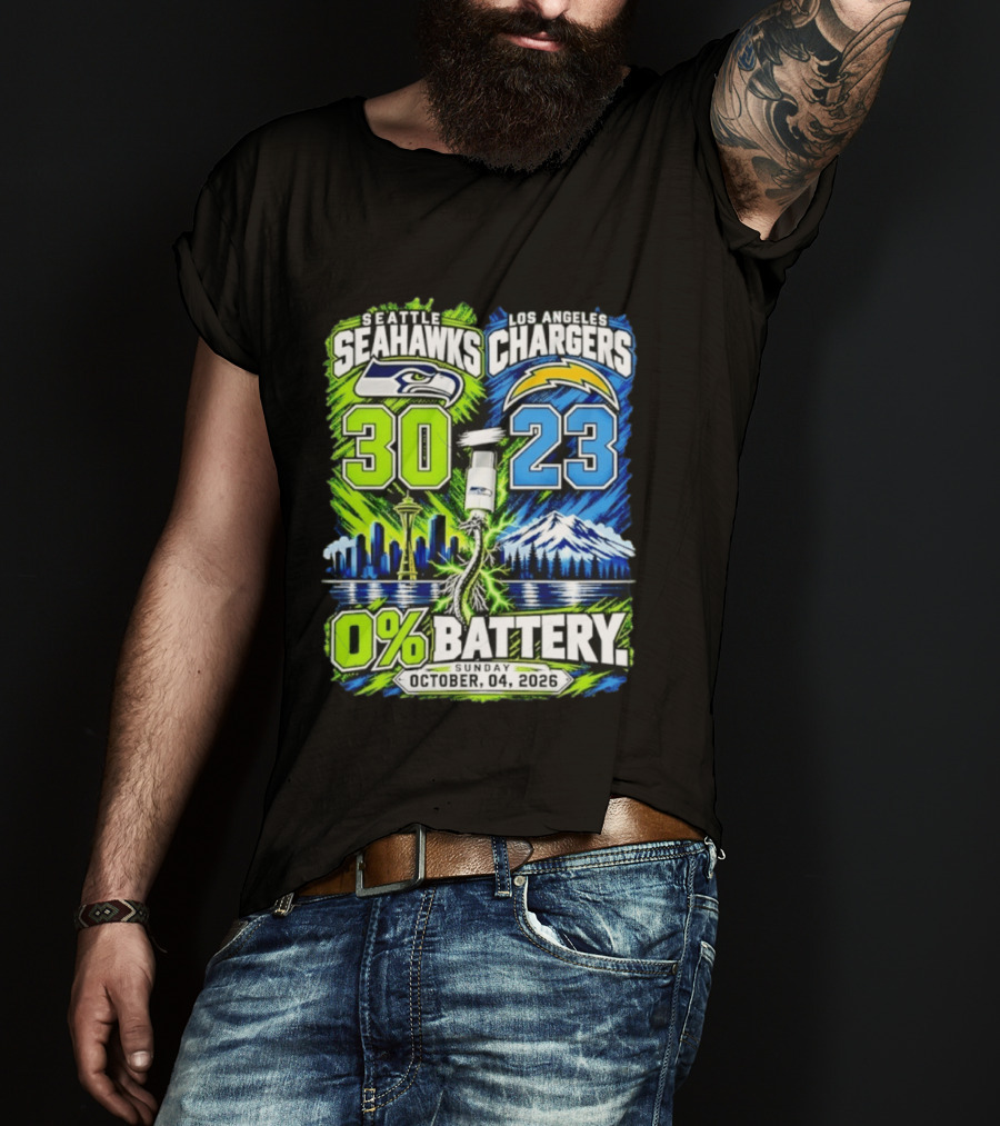 Seattle Seahawks Vs Los Angeles Chargers 30 23 Game 0% Battery October 4 2026 T-Shirt