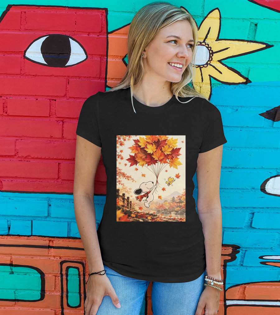 Snoopy And Woodstock Autumn Leaves Floating Scene With Tree And Bridge T-Shirt