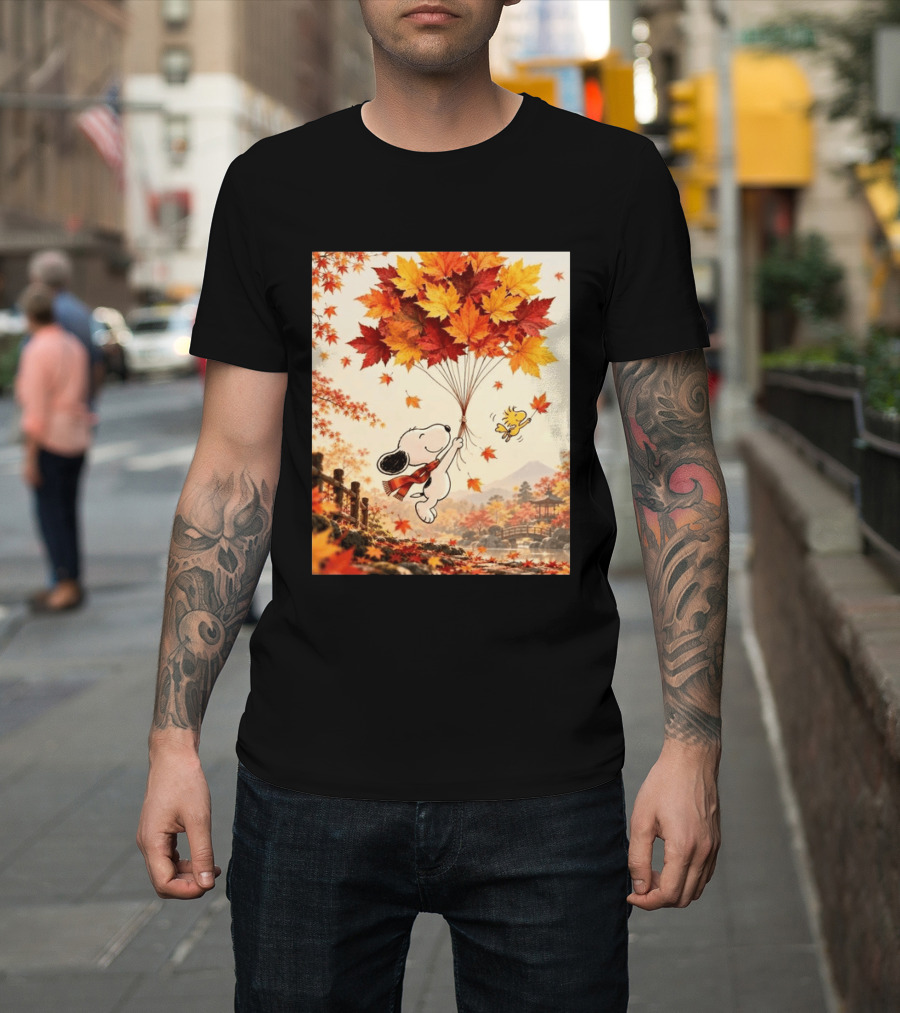 Snoopy And Woodstock Autumn Leaves Floating Scene With Tree And Bridge T-Shirt