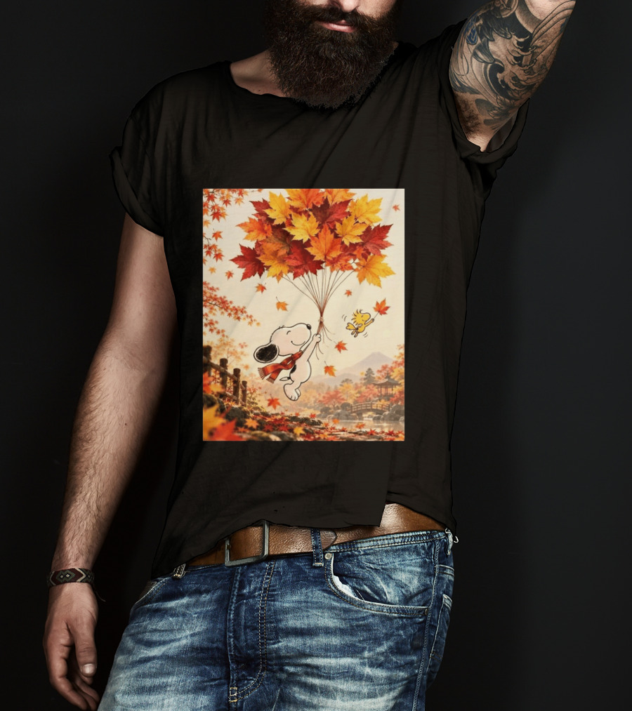 Snoopy And Woodstock Autumn Leaves Floating Scene With Tree And Bridge T-Shirt