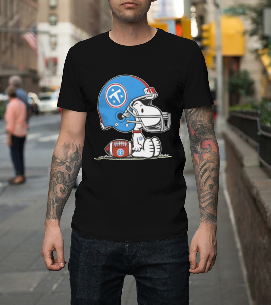 Snoopy Wearing Tennessee Titans Football Helmet Sitting With Football T-Shirt