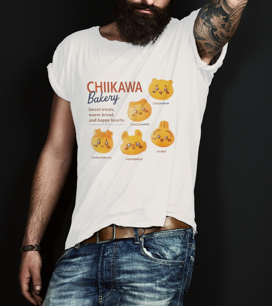 Chiikawa Bakery Sweet Treats Warm Bread Happy Hearts With Chiikawa Hachiware Furuhonya Momonga Usagi T-Shirt
