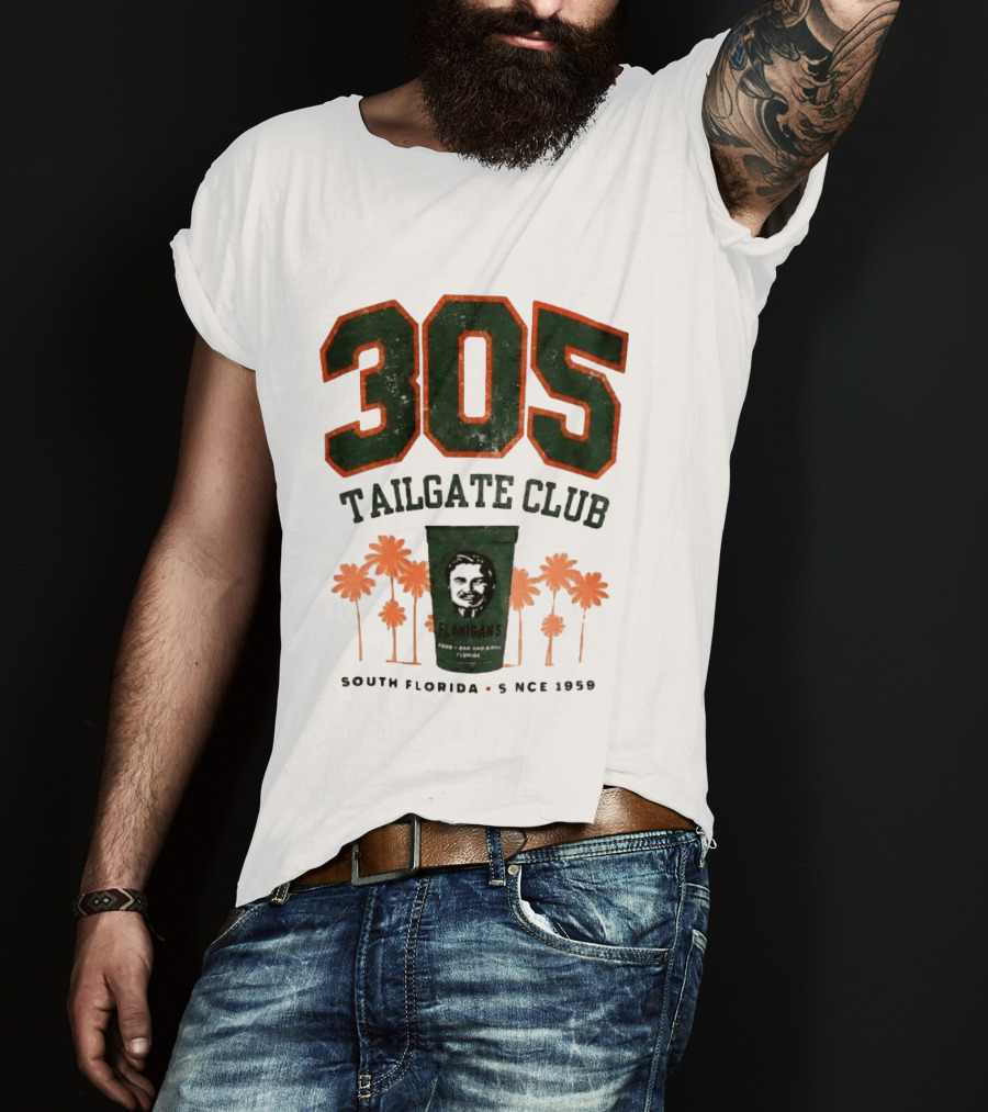 Flanigans 305 Tailgate Club South Florida Since 1959 Green Cup Palm Trees T-Shirt