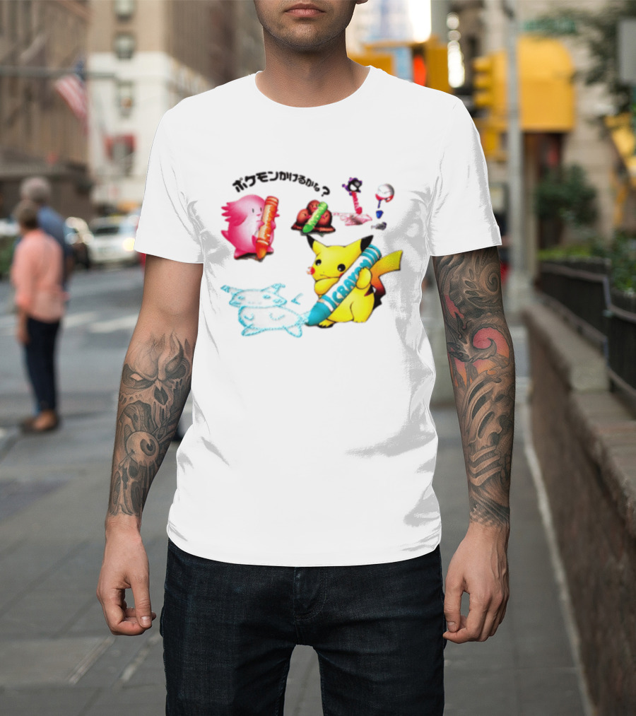 Pikachu Crayon Drawing Pokémon Characters Cartoon Art Japan T-Shirt