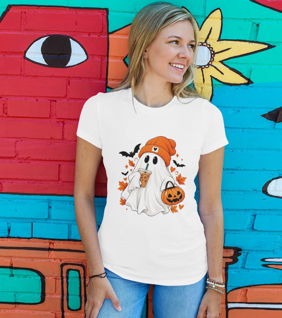 Ghost In Orange Beanie Holding Iced Coffee With Pumpkin Basket And Bat T-Shirt