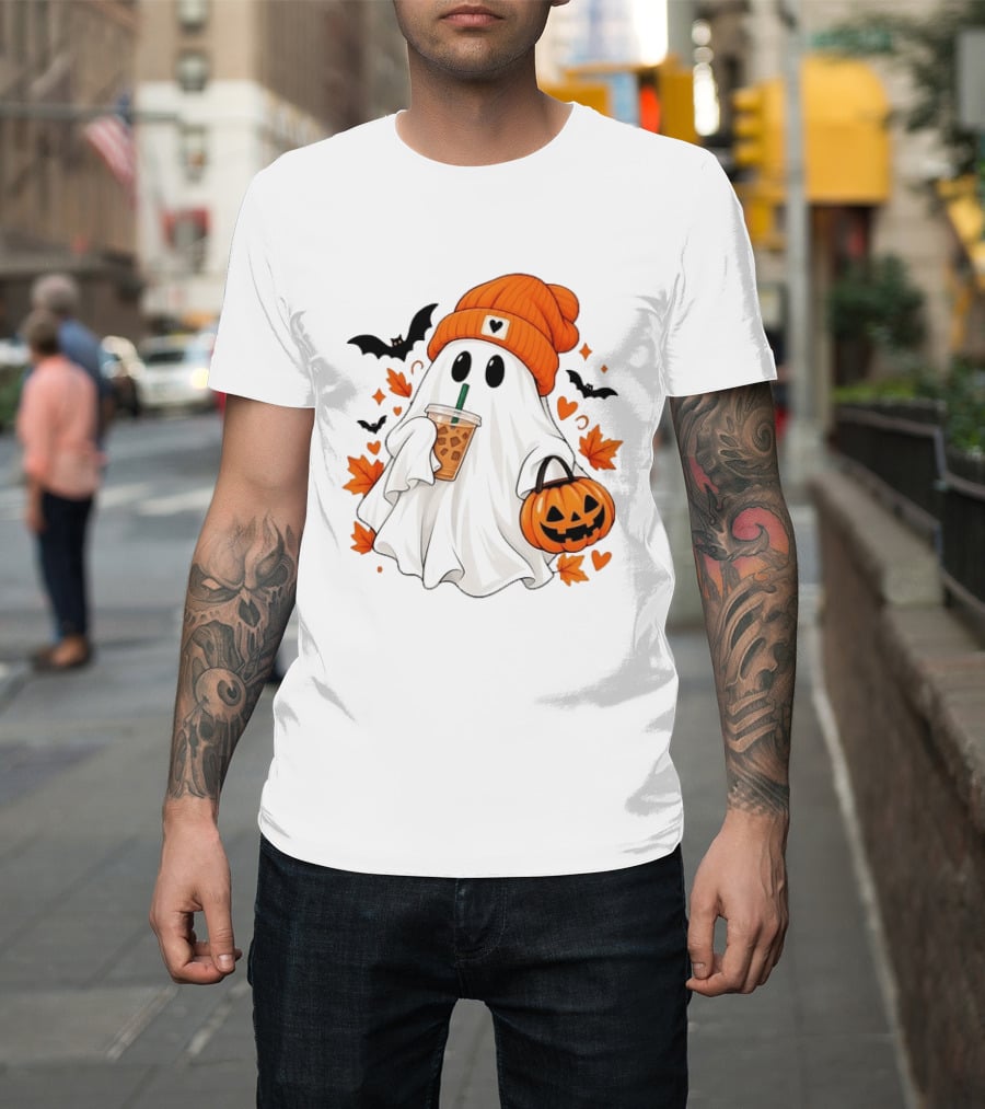 Ghost In Orange Beanie Holding Iced Coffee With Pumpkin Basket And Bat T-Shirt