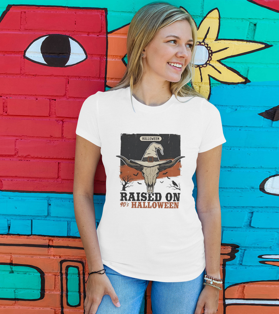 Raised On 90s Halloween Bull Skull With Witch Hat And Spooky Bats T-Shirt