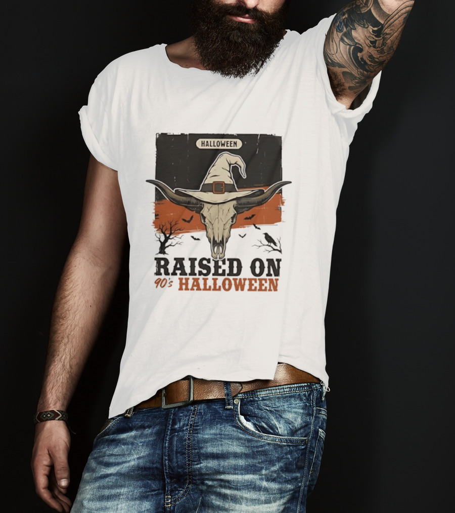 Raised On 90s Halloween Bull Skull With Witch Hat And Spooky Bats T-Shirt